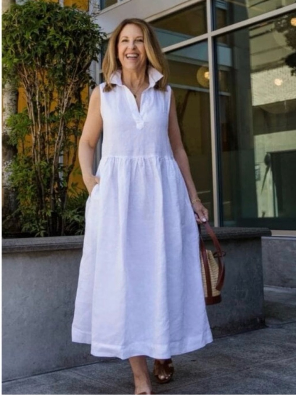 Frank & Eileen Daphne Sleeveless Popover Midi Dress White Linen Sz Large